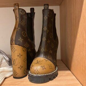 LOUIS VUITTON Star Trail Brown Monogram Leather Ankle Boots Block Heel